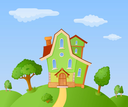 The facade of a small house in a landscapeのイラスト素材