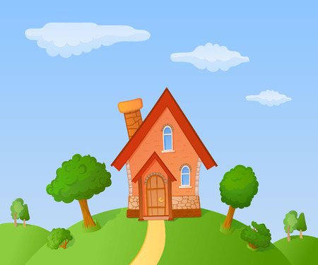 The facade of a small house in a landscapeのイラスト素材