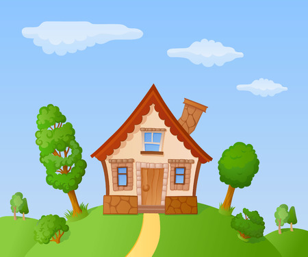 The facade of a small house in a landscapeのイラスト素材