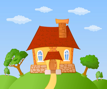 The facade of a small house in a landscapeのイラスト素材