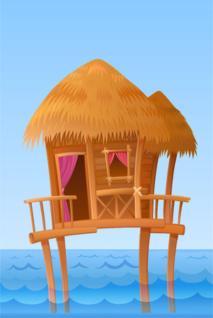 Hawaiian small wooden house on the water drawn in the style of Cartoonのイラスト素材