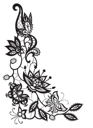 Abstract silhouettes of decorative flowers, leaves and butterflies. These decorative ornament are reminiscent of lace. Perfect cards for any other kind of designのイラスト素材