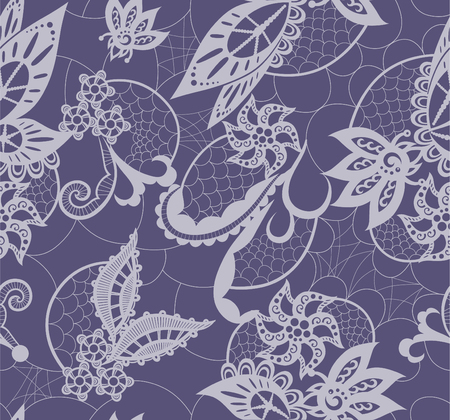 Seamless background is in the form of lace with decorative flowers, leaves and butterflyのイラスト素材