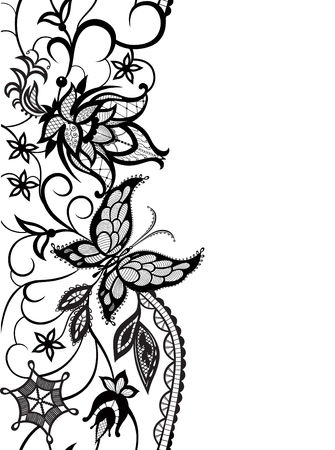 Abstract silhouettes of decorative flowers, leaves and butterfly. These decorative ornament are reminiscent of lace. Perfect cards for any other kind of designのイラスト素材