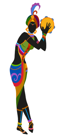 African woman in bright national costume dance dancing with a tambourineのイラスト素材