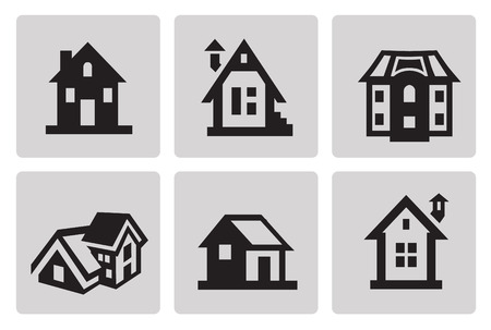 Houses icon set in minimalist style. Black sign on gray backgroundのイラスト素材
