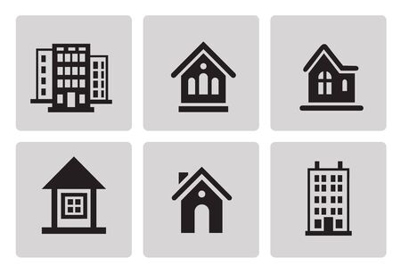 Houses icon set in minimalist style. Black sign on gray backgroundのイラスト素材