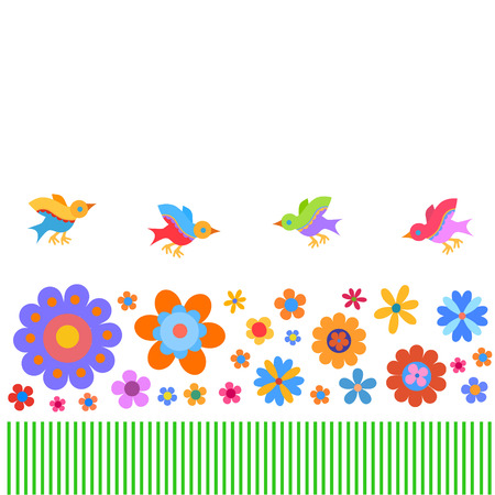 Cheerful, cute flowers and birds painted in a naive manner. Suitable for greeting cards and other kind of designのイラスト素材