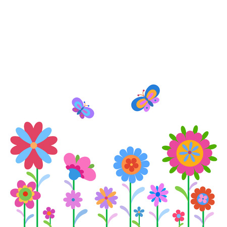 Cheerful, happy flowers and butterfly painted in a naive mannerのイラスト素材