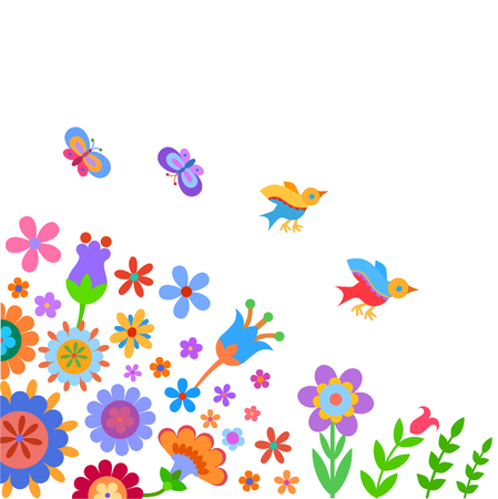 Cheerful, cute flowers, butterfly and birds painted in a naive manner. Suitable for greeting cards and other kind of designのイラスト素材