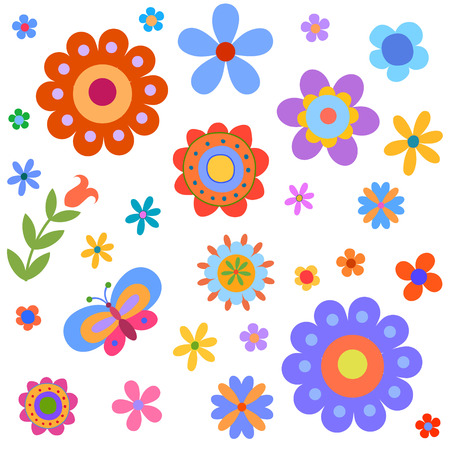 Cheerful, happy flowers and butterfly painted in a naive mannerのイラスト素材
