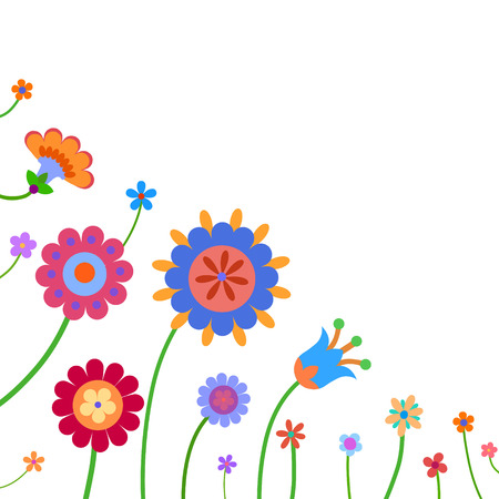Cheerful, cute flowers and butterfly painted in a naive mannerのイラスト素材