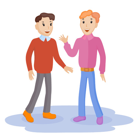 Two friendly male mature students chatting and two friends together. People young together and lifestyle adults. Beautiful characters and couple young friendly boy.のイラスト素材