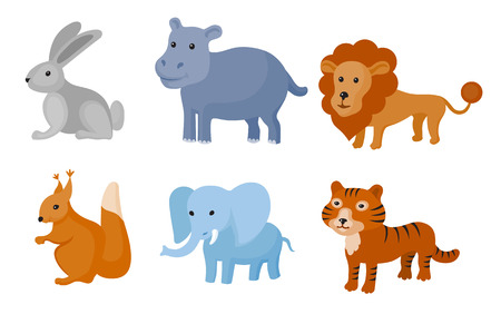 Zoo wild animals colorful set. Vector illustration. Mammals isolate on white backgroundのイラスト素材