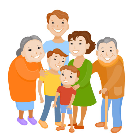 Fun cartoon family in colorful stylish clothes. Father, mother children grandmother and grandfather all together one familyのイラスト素材