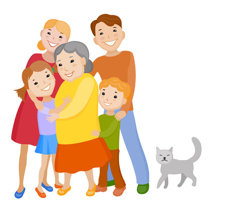 Fun cartoon family in colorful stylish clothes. Father, mother children grandmother and kat all together one familyのイラスト素材