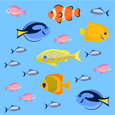 Sea and ocean fish colorful bright set. Tropical fhishes for any kind of designのイラスト素材