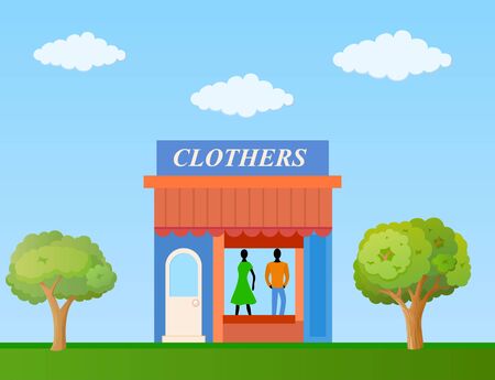 Colorful clothing store building front view on nature background, vector illustrationのイラスト素材