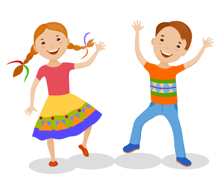 Dancing of little cartoon fun kids in colorful clothesのイラスト素材
