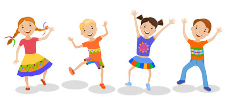 Dancing set of little cartoon fun kids in colorful clothesのイラスト素材