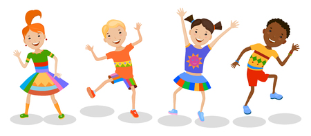 Dancing set of little cartoon fun kids in colorful clothesのイラスト素材