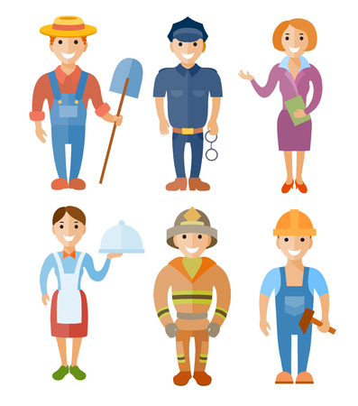 Vector illustration set of people of different professions: business woman, chef, farmer, stewardess, cosmonaut, farefaighter in flat styleのイラスト素材