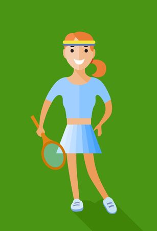 Flat icon of tennis player character standing full length isolated.  Female tennis player character smilingのイラスト素材