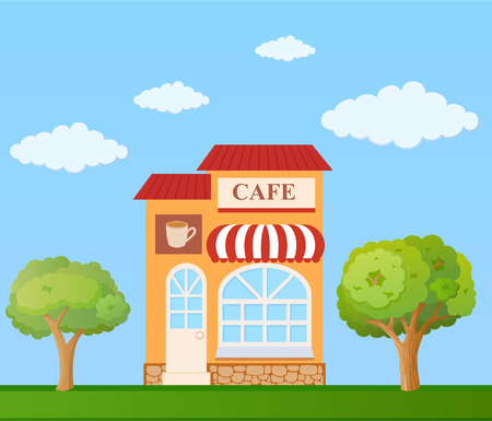 Colorful  cafe front view on nature background, vector illustrationのイラスト素材