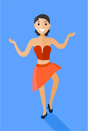Flat icon of dancer in the red clothing. Isolated on blue background. Vector ilustration.のイラスト素材