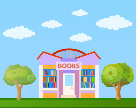 Colorful Book store building front view on nature background, vector illustrationのイラスト素材