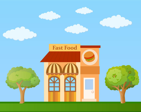 Colorful fast food cafe front view on nature background, vector illustrationのイラスト素材