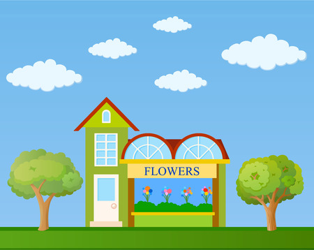 Colorful flower shop building front view on nature background, vector illustrationのイラスト素材