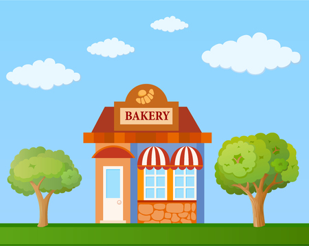 Colorful  bakery front view on nature background, vector illustrationのイラスト素材