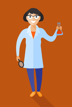 Scientist at work illustration. Vector in flat style design. Scientific icon Smiling female character in white gown standing with beaker in her hand.のイラスト素材