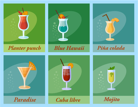 Set of vector cocktails. Flat style summer cocktails. Drink alcohol infographic icons on dark background.のイラスト素材