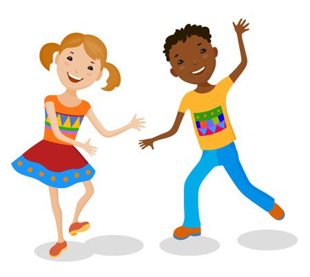 Dancing of little cartoon fun kids in colorful clothesのイラスト素材