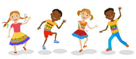 Dancing set of little cartoon fun kids in colorful clothesのイラスト素材