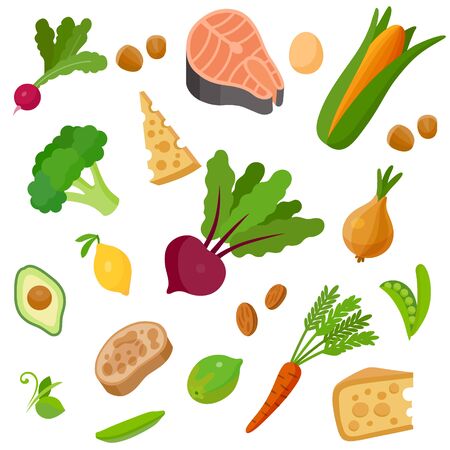 Health food 100% organic background. Vegetable, egg, salmon, nut, cheese; lime, lemon, ciabatta, avocado; green peasのイラスト素材