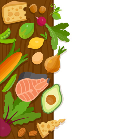 Healthy food and paper vector blank template, top view. Vegetable, egg, salmon, nut, cheese; lime, lemon, ciabatta, avocado; green peasのイラスト素材