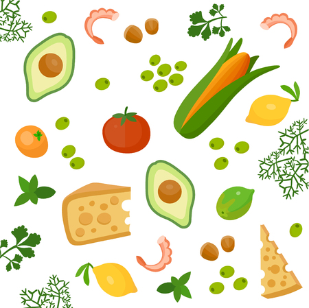 Health food 100% organic background. Vegetable, greenery, cheese, shrimp, mandarin, lime, lemonのイラスト素材