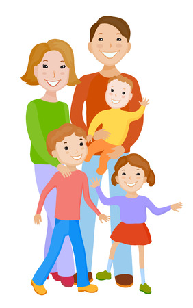 Fun cartoon family in colorful stylish clothes. Father, mother and children, all together one familyのイラスト素材