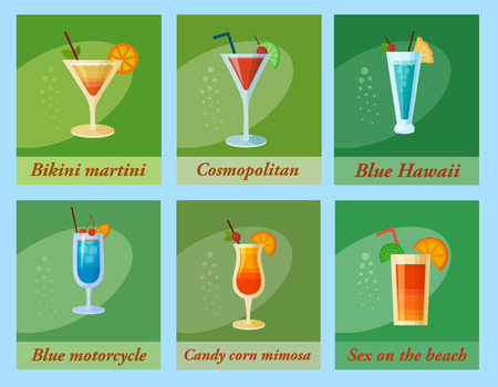Set of vector cocktails. Flat style summer cocktails. Drink alcohol infographic icons on green backgroundのイラスト素材