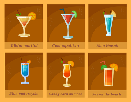Set of vector cocktails. Flat style summer cocktails. Drink alcohol infographic icons on brown backgroundのイラスト素材