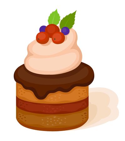 Cake with light beige cream, chocolate and berry, decorated with mint leavesのイラスト素材