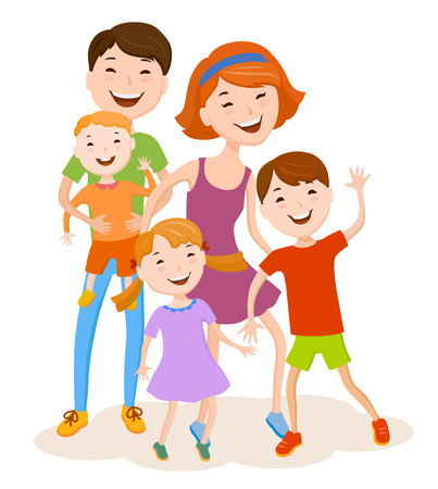 Fun cartoon family in colorful stylish clothes. Father, mother and children, all together one familyのイラスト素材