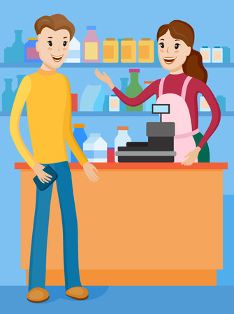Seller demonstrates buyer shelves with the goods in the store. The seller explains what are the advantages of food products in this storeのイラスト素材