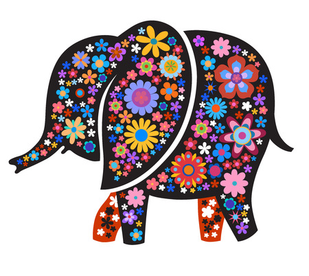 Black silhouette of elephant with naive style colorful flowers.のイラスト素材