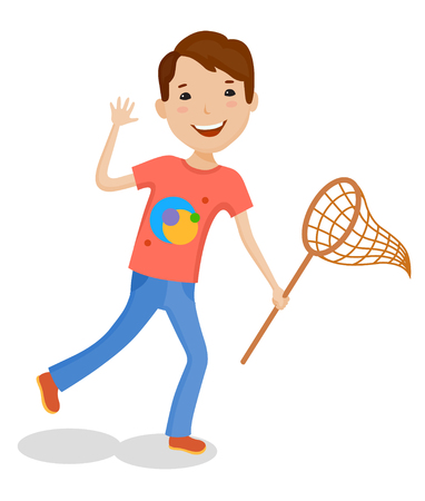 Playing of little cartoon fun boy in bright clothes with net for butterfliesのイラスト素材