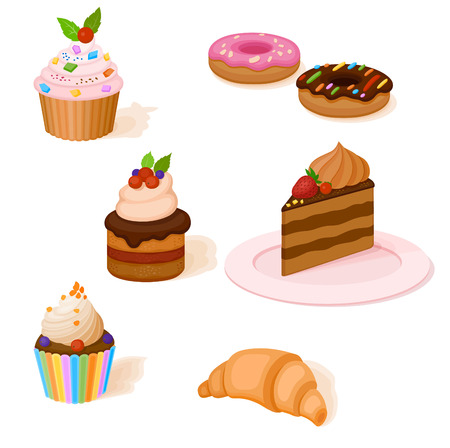 Icon cilorful set of cakes, bakery and other pastry. Set of sweets decorated with chocolate, almond pieces and multi-colored candyのイラスト素材