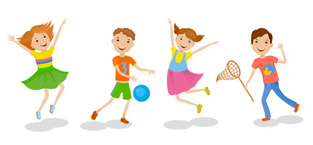 Playing set of little cartoon fun kids in colorful clothes.のイラスト素材